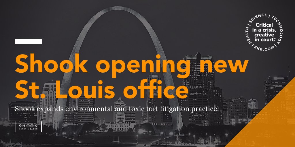 Today, Shook opens its second new location this year with a large group of premier, high-stakes environmental and toxic tort trial lawyers launching the new St. Louis office.
ow.ly/virU102LXe3
#EnvironmentalLitigation #ToxicTort
