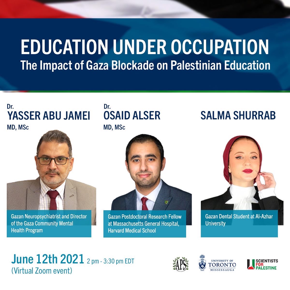 APS_UTM's tweet image. THIS SATURDAY 2PM EST 📣‼️
Get to know our third speaker, Dr. Yasser Abu Jamei! Remember to register for our event with @Sci4Pal and @UTMBiology “Education Under Occupation: The Impact of Gaza Blockade on Palestinian Education”

bit.ly/2TDj24G