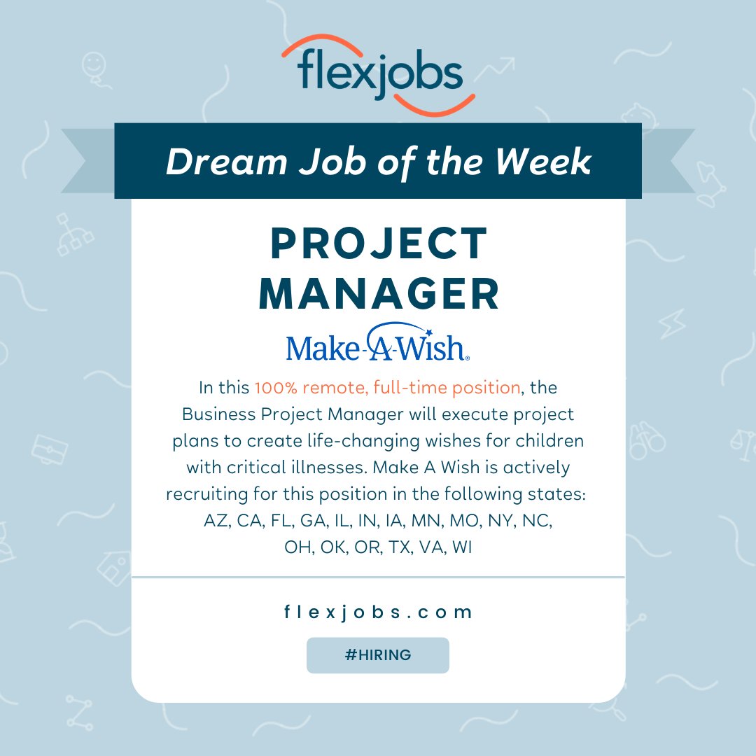 DREAM JOB ALERT 💫 Do you love making a difference in someone's life? <a href="/MakeAWish/">Make-A-Wish America</a> makes dreams come true for children with critical illnesses and they're #hiring #remoteworkers right now! 

Check out the listing and if you're a FlexJobs member, apply here 👉flexjobs.com/HostedJob.aspx…