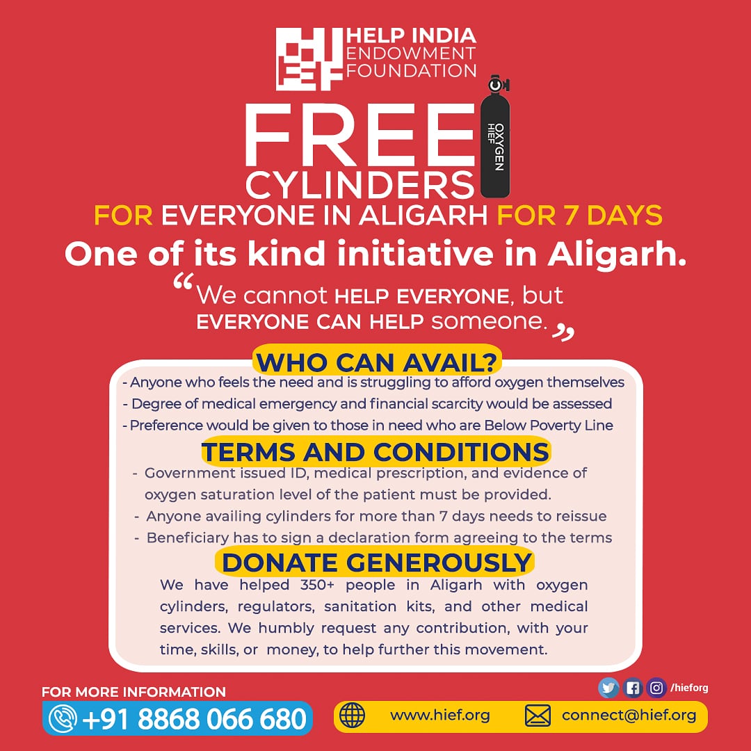 Free Cylinders for everyone in Aligarh for 7Days.

#HelpIndiaEndowmentFoundation #hieforg #covid_19 #covid2021 #covid #covidfighters #fightagainstcorona #IndiaFightsCorona