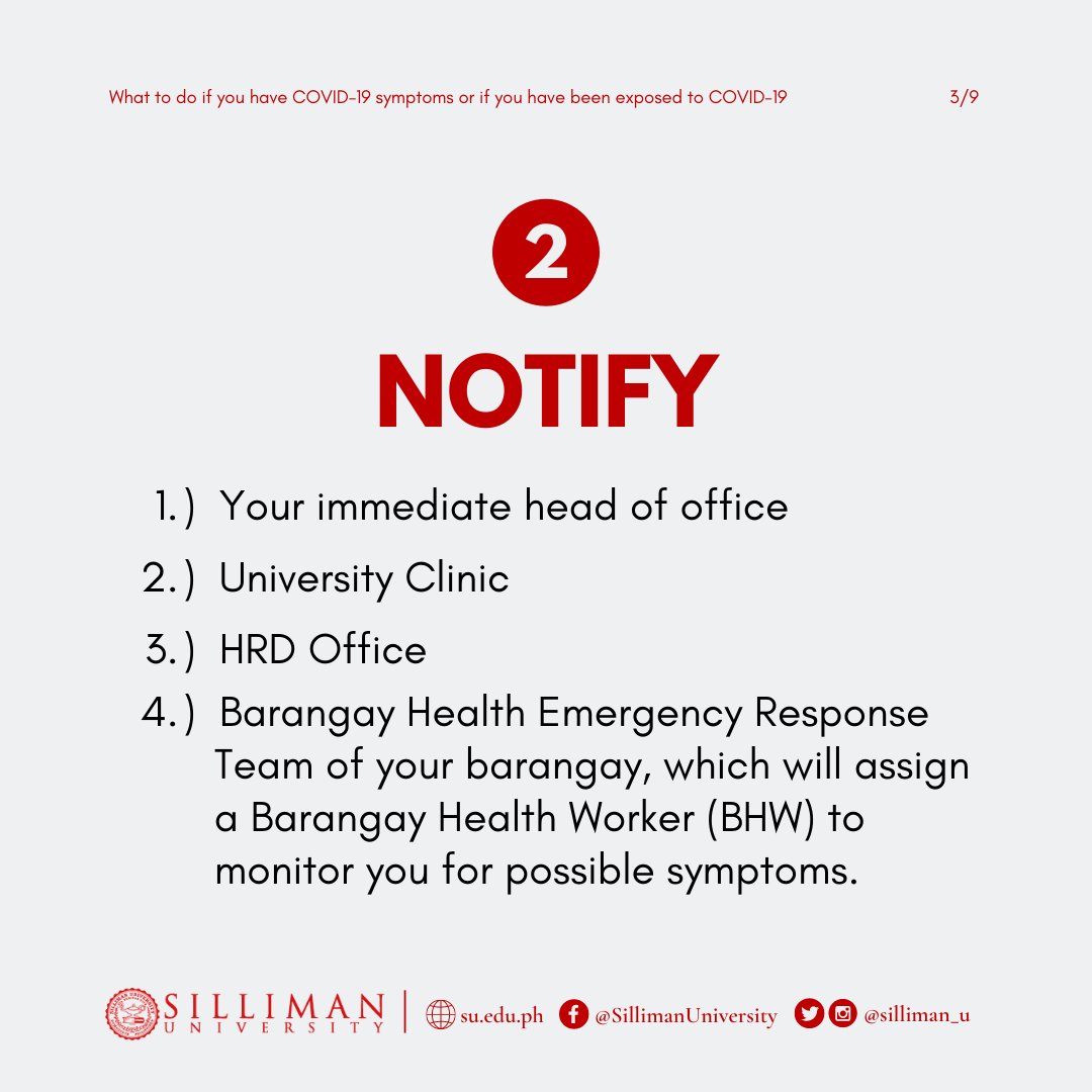 silliman_u's tweet image. 𝗪𝗛𝗔𝗧 𝗧𝗢 𝗗𝗢 IF YOU HAVE 𝗖𝗢𝗩𝗜𝗗-𝟭𝟵 𝗦𝗬𝗠𝗣𝗧𝗢𝗠𝗦 OR IF YOU HAVE BEEN 𝗘𝗫𝗣𝗢𝗦𝗘𝗗 𝗧𝗢 𝗖𝗢𝗩𝗜𝗗-𝟭𝟵 (𝗜𝗻𝗰𝗹𝘂𝗱𝗶𝗻𝗴 𝘀𝘂𝘀𝗽𝗲𝗰𝘁𝗲𝗱 𝗰𝗮𝘀𝗲𝘀)

(1/3)

#covid19protocols