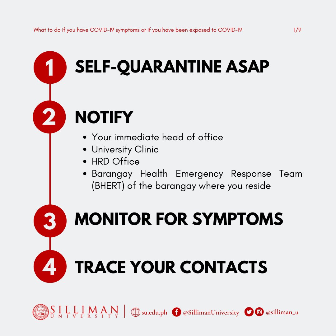 silliman_u's tweet image. 𝗪𝗛𝗔𝗧 𝗧𝗢 𝗗𝗢 IF YOU HAVE 𝗖𝗢𝗩𝗜𝗗-𝟭𝟵 𝗦𝗬𝗠𝗣𝗧𝗢𝗠𝗦 OR IF YOU HAVE BEEN 𝗘𝗫𝗣𝗢𝗦𝗘𝗗 𝗧𝗢 𝗖𝗢𝗩𝗜𝗗-𝟭𝟵 (𝗜𝗻𝗰𝗹𝘂𝗱𝗶𝗻𝗴 𝘀𝘂𝘀𝗽𝗲𝗰𝘁𝗲𝗱 𝗰𝗮𝘀𝗲𝘀)

(1/3)

#covid19protocols