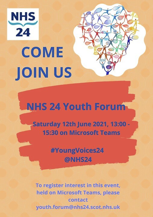 Interested in meeting other young people from across Scotland, influencing the development of health services and volunteering within NHS 24? Join us on Saturday, June 12 from 1-3 p.m.

To register, email 💻➡️ youth.forum@nhs24.scot.nhs.uk