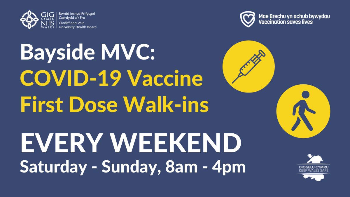 We are now holding first dose walk-in clinics every weekend at Bayside MVC! 💉

Turn up Saturday or Sunday between 8am-4pm, if you have not yet received the first dose of your #COVIDVaccine, are aged 18 or over and live and/or work in Cardiff and the Vale of Glamorgan 💉