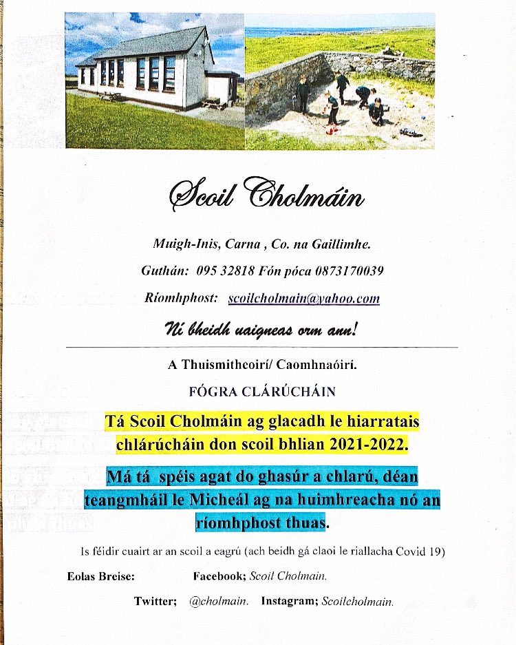 FÓGRA CLÁRÚCHÁIN 
ANNUAL ADMISSION NOTICE 📢🏫🚸

Maidir le daltaí tosnú sa scoilbhliain 2021-2022
In respect of admissions to the 2021-2022 school year

Tá an scoil ag glacadh le hiarratais chlárúcháin anois don scoilbhliain 2021/22