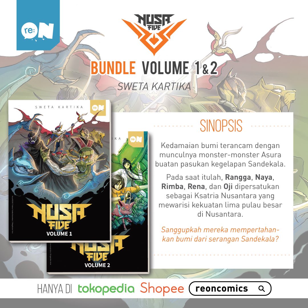 Kabar gembira! PRE-ORDER Bundle Nusa Five dibuka kembali mulai hari ini hingga 30 Juni 2021!

Bundle terdiri dari komik Nusa Five vol 1 dan 2 (tidak dijual terpisah) &amp; hanya dicetak sesuai jumlah PO saja.

Pesan sekarang di Tokopedia &amp; Shopee re:ON Comics.
linktr.ee/reoncomics