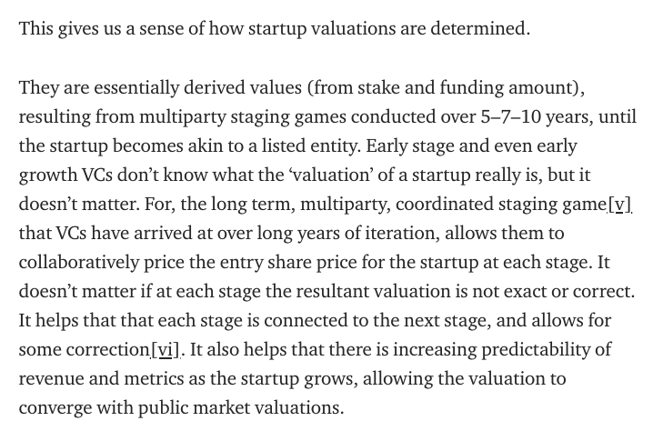 VCs dont use a financial technique like DCF or anything similar to 'value' a startup (or really price the shares). Instead, they jointly collaborate in 'long-term multiparty staging games' to take the startup from idea to IPO.7/23