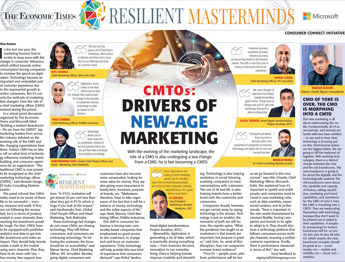 With the evolving of the marketing landscape, the role of a CMO is also undergoing a sea change. From a CMO, s/he is fast becoming a CMTO. <a href="/PidiliteInd/">Pidilite Industries</a> <a href="/tech_mahindra/">Tech Mahindra</a> <a href="/GEP_Worldwide/">GEP ®</a> <a href="/EY_India/">EY India</a> <a href="/BPCLimited/">Bharat Petroleum</a> <a href="/IIFLMarkets/">IIFL Markets</a> <a href="/harishbijoor/">Harish Bijoor</a>

Watch the discussion: economictimes.indiatimes.com/spotlight/resi…