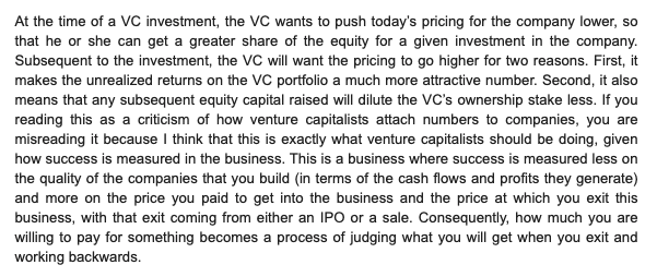 Journalists & academics have struggled to grasp much of this. Here is Prof Aswath Damodaran from his 2016 piece -  https://aswathdamodaran.blogspot.com/2016/10/venture-capital-it-is-pricing-not-value.html9/23