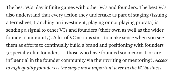 The best VCs play infinite games with other VCs and founders.Because, access to high quality founders is the single most important lever in the venture business.13/23