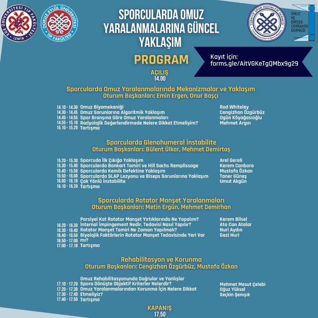 “Sporcularda Omuz Yaralanmalarına Güncel Yaklaşım” Sempozyumu, Çevrim içi, 24 Haziran Perşembe Saat 14.00, Katılım ücretsiz olup kayıt zorunludur. Kayıt: forms.gle/AitVGKeTgQMbx9… #spor #sporcusağlığı #sporhekimliği <a href="/TSHDer/">Spor Hekimleri</a> #sporyaralanmaları #izmir #egeüniversitesi #fizyoterapi