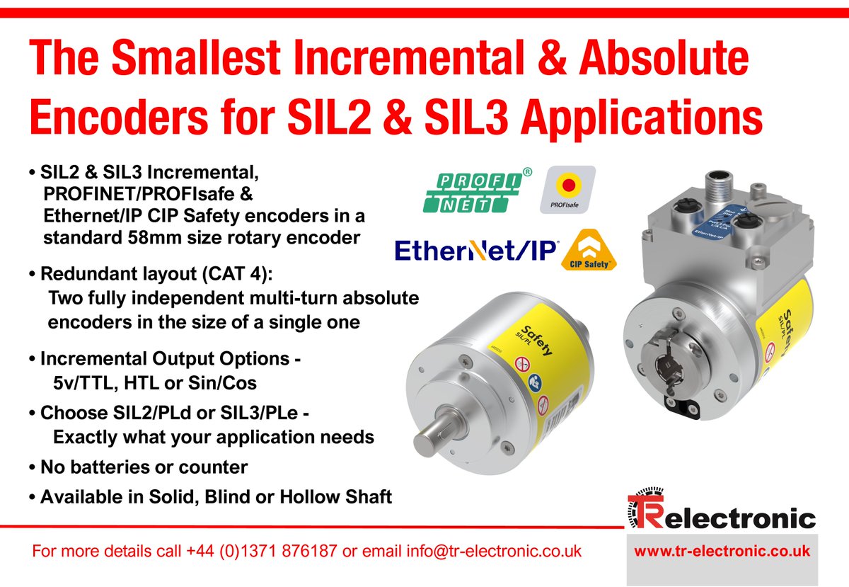TR Electronic Ltd (@trelectronic_uk) on Twitter photo Smallest Absolute Multi-turn Encoders for SIL2/PLd or SIL3/PLe applications. Available in PROFINET/PROFIsafe or Ethernet/IP CIP Safety. Please ring 01371 876187 or email info@tr-electronic.co.uk for more details.
#sil2 #PLd #sil3 #PLe #safetyencoder Smallest Absolute Multi-turn Encoders for SIL2/PLd or SIL3/PLe applications. Available in PROFINET/PROFIsafe or Ethernet/IP CIP Safety. Please ring 01371 876187 or email info@tr-electronic.co.uk for more details.
#sil2 #PLd #sil3 #PLe #safetyencoder