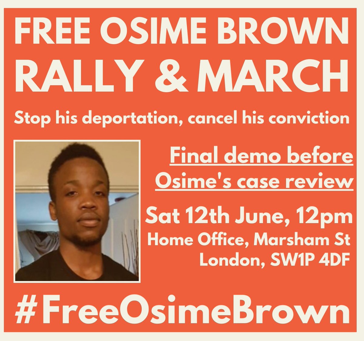 owenjonesjourno's tweet photo. Osime Brown is a 22 year old with severe autism and a reading age of between 6 and 7. He faces deportation to a country he knows nothing about.

I'm proud to speak at this demo in his support on Saturday at 12pm. Please spread the word. https://t.co/NPvfuVHM2e