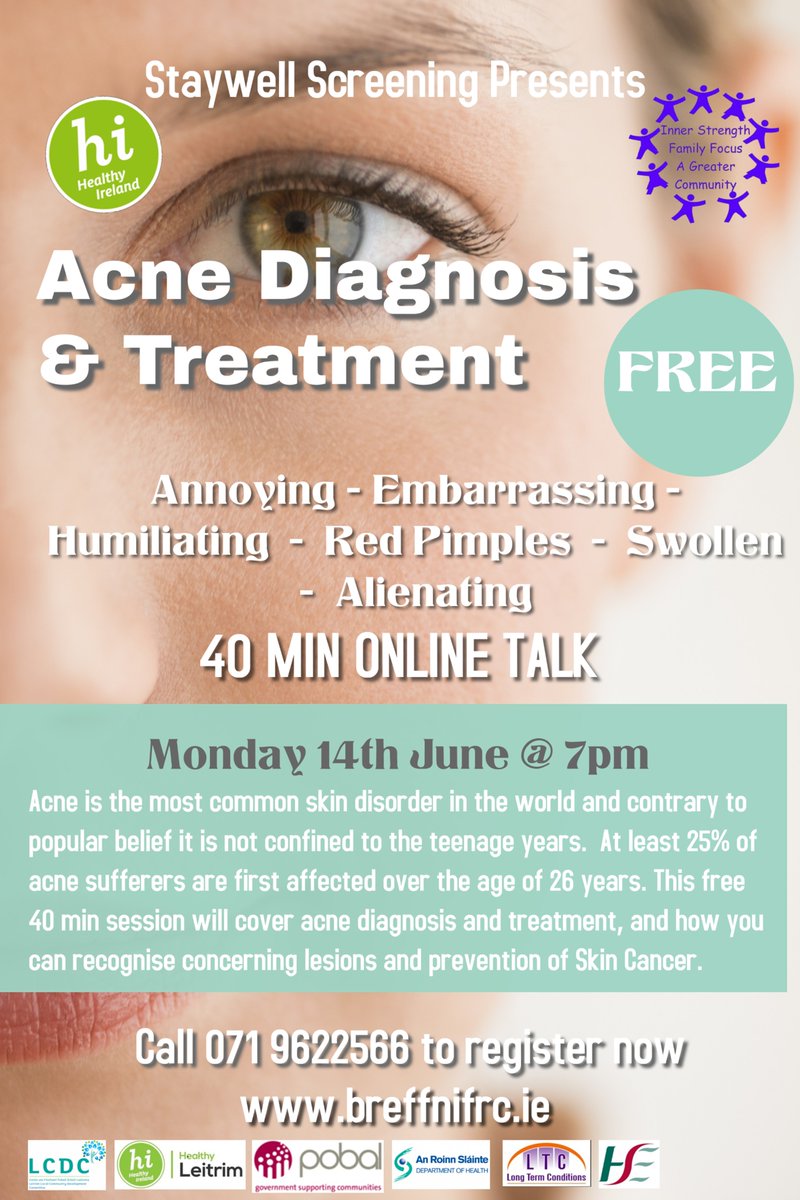 #RTPAs part of Breffni Family Resource Centre Staywell Screening Programme presents a 40 min online Acne Diagnosis and Treatment talk with Clinical Nurse Specialist Dermatology Selene Daly on Monday 14th June @ 7pm.  This online talk is free so please call 071 9622566 to register