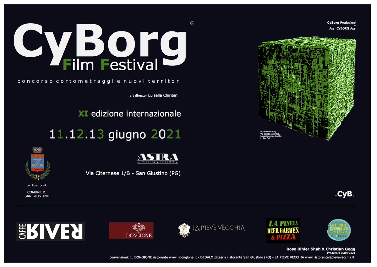 CyborgFF's tweet image. Domani venerdì 11 giugno 2021 dalle ore 10 inizia CyBorg Film Festival concorso cortometraggi e nuovi territori XI edizione internazionale 11.12.13/06
grazie a 
Essedi Shop Sansepolcro in particolare super "WOLF" Luca Boncompagni
cyborgproduzioni.org/.../CyBorg_Fil…...