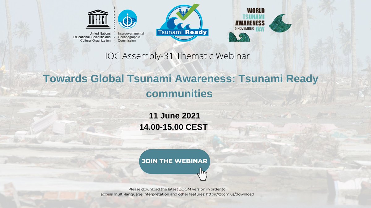 ✋Join the tenth IOC Assembly-31 (#IOC31) thematic webinar: “Towards Global Tsunami Awareness: Tsunami Ready Communities.”Come and get a global update on IOC’s efforts to advance tsunami awareness and effective early warning systems. Join here 👉zoom.us/s/97502941857