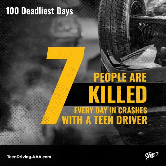 AAAKansasNews's tweet photo. Now is the time to talk to your #teendriver about being safe on the roads. School’s out &amp; young drivers have more time on their hands.
Talk to them about: 
buckling up
obeying the speed limit
avoiding distractions
the dangers of drugs &amp; alcohol 
#100deadliestdays https://t.co/EiErgKavvy