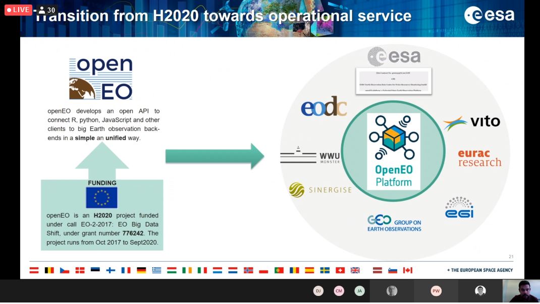 🚨The transitioning of the original #H2020 @open_EO project to @openEO_Platform and #ESA's view on it being presented today by @pdgriffiths81 from @ESA_EO at the dedicated #openEO_platform day of the #EODCForum2021 conference. 
➡️events.eodc.eu/event/6/timeta…