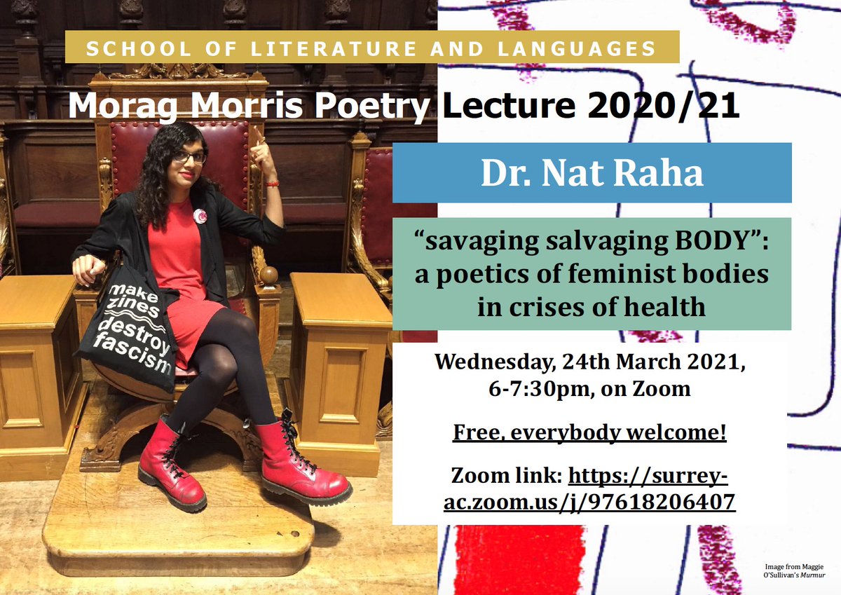SurreySLL's tweet photo. If you missed the SLL Morag Morris Poetry lecture 'Savaging, salvaging BODY' with Dr. Nat Raha, you can catch it and the discussion afterwards, through the @VEERBOOKS vimeo account here: https://t.co/VwoXkwHVlF.

#feministbodies #feminism #natraha https://t.co/PSUcj7znd9