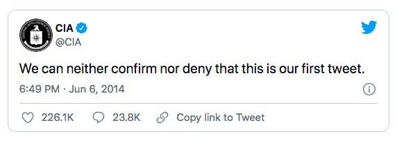 VikkiRossWrites's tweet image. Way back when brands perhaps didn&apos;t know what Twitter was or what they could and should do with it, @CIA&apos;s first tweet was bang on brand

#brandconsistency #toneofvoice #copywritersunite