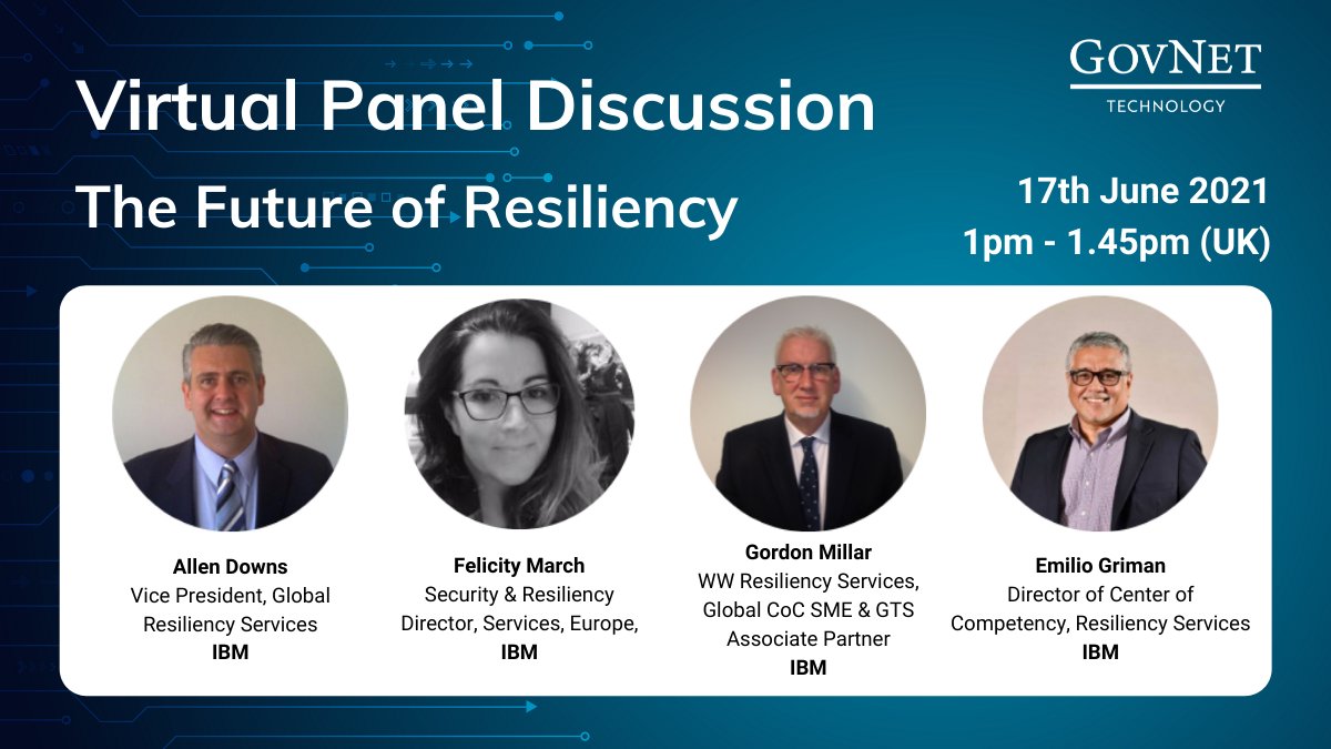This time next week, we welcome @FlickMarch, @DownsAllen, Gordon Millar and Emilio Griman from @IBMServices for a virtual panel discussion on the Future of Resiliency. Registration is still open and bookings are free here: hubs.la/H0P_5DT0 #Cyber2021 #CyberSecurity