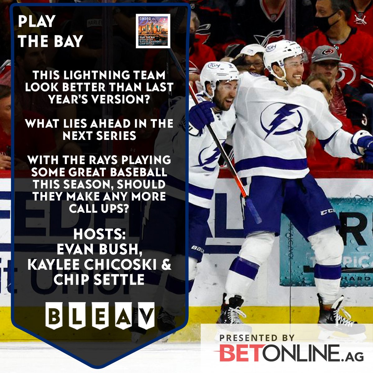 BleavNetwork's tweet photo. The Lightning's run of good play continues in the Stanley Cup Playoffs! Just how far can they go? Evan, Kaylee and Chip discuss on the latest @PlayTheBayTB presented by @betonline_ag 🏒: https://t.co/78W5ucYo77 https://t.co/h40f95k2OH