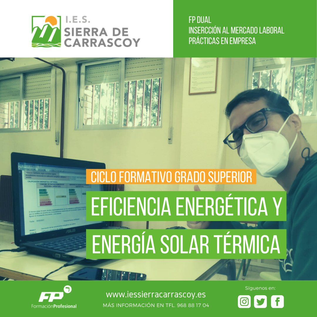 fpiessierracarr's tweet photo. 👉Grado Superior de Eficiencia Energética y Energía Solar Térmica
📢📢Estudia #unaprofesiondefuturo el GS #FP de #eficienciaenergetica y #energíasolartermica en el #IESSierraCarrascoy
➕info
💻https://t.co/Y9uGF7jCn7
☎️ 968 88 17 04
@Educarm #formacionpasional
#llegarasalto https://t.co/bOENte4ADd