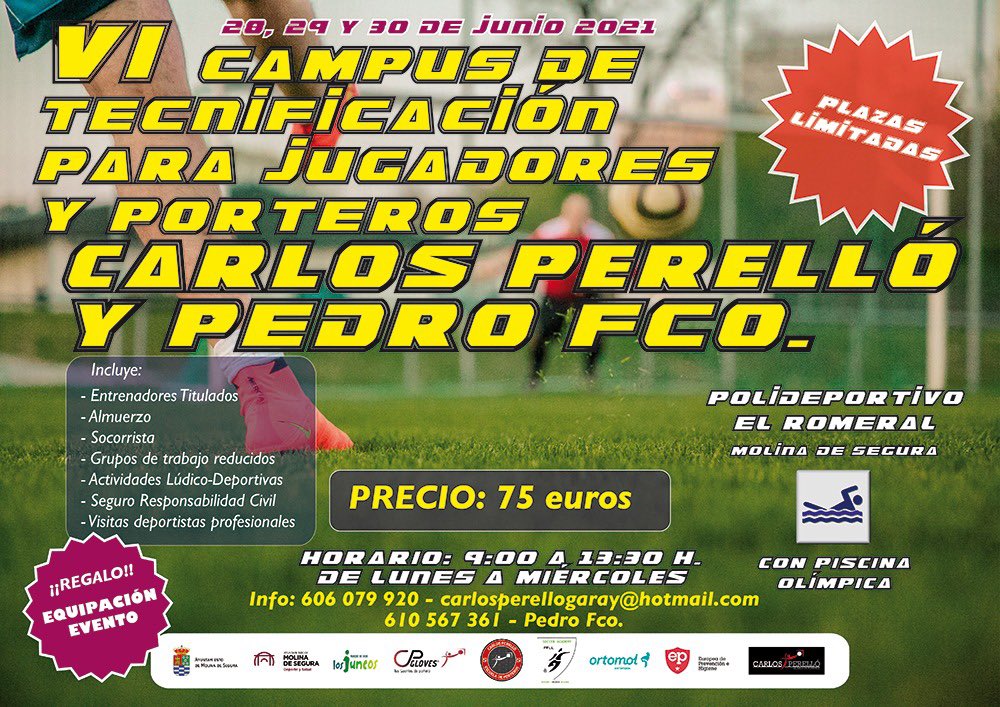 La Ciudad Deportiva 'El Romeral' de Molina de Segura acoge el VI Campus de tecnificación para jugadores y porteros 'Carlos Perelló y Pedro Francisco 2021. Aún puedes conseguir tu plaza ⚽️