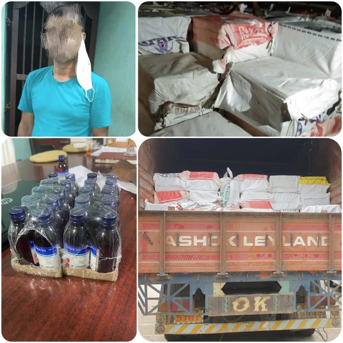 GuwahatiPol's tweet photo. 𝐖𝐞𝐥𝐥 𝐃𝐨𝐧𝐞 𝐓𝐞𝐚𝐦 !!!

A team led by ADCP(East), ACP &amp; OC (Basistha) and Jorabat police intercepted a truck &amp; recovered 44,000 bottles of Codeine based cough syrup, valued more than Rs. 55,00,000/- and nabbed prime accused Zakir Hussain of Narengi. https://t.co/wSud4x5ERE
