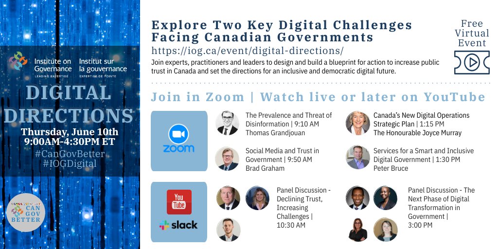 IOGca's tweet photo. Make Digital Directions starting in 30 minutes. For registered attendees, the Zoom Waiting Room is opened now!
If you are joining on YouTube, subscribe to our channel to be notified when we go live: https://t.co/JGn6I7TEEw
#IOGDigital #CanGovBetter https://t.co/6D1eDrccYP