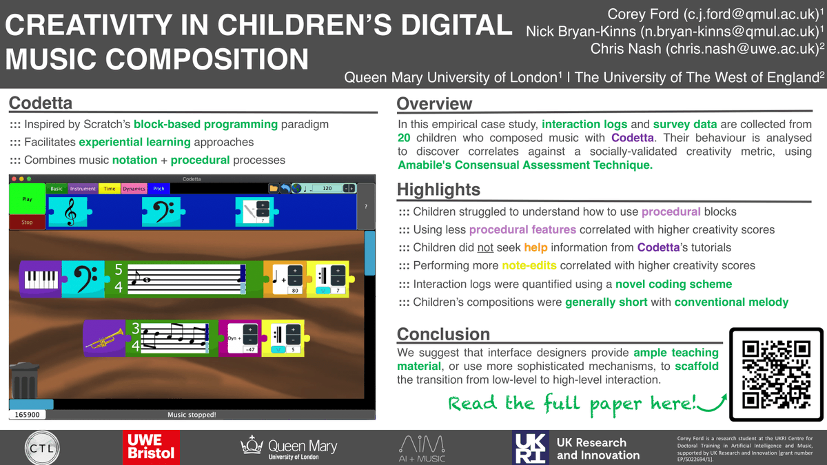 Corey Ford (@coreysresearch) on Twitter photo I'm presenting "Children's Creativity in Digital Music Composition" at <a href="/NIME2021NYUSH/">NIME2021</a> next week, co-authored with @nickbknickbk and Dr Chris Nash.
See you in sessions 3A/3B!
Read the full paper here: nime.pubpub.org/pub/ker5w948/
<a href="/ISaM_C4DM/">Sonic Interaction Design Lab</a> <a href="/CDT_AI_Music/">CDT Artificial Intelligence+Music</a> <a href="/UWE_CSCT/">UWE CSCT Department</a> <a href="/UWECTLab/">CT Lab</a> I'm presenting "Children's Creativity in Digital Music Composition" at <a href="/NIME2021NYUSH/">NIME2021</a> next week, co-authored with @nickbknickbk and Dr Chris Nash.
See you in sessions 3A/3B!
Read the full paper here: nime.pubpub.org/pub/ker5w948/
<a href="/ISaM_C4DM/">Sonic Interaction Design Lab</a> <a href="/CDT_AI_Music/">CDT Artificial Intelligence+Music</a> <a href="/UWE_CSCT/">UWE CSCT Department</a> <a href="/UWECTLab/">CT Lab</a>