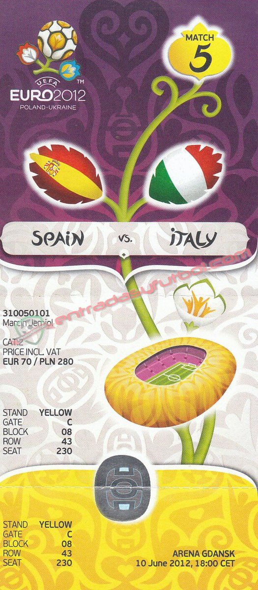 entradasyfutbol's tweet photo. 📆 10 de junio 2.012
🇪🇸 @SeFutbol 1-1 @azzurri 🇮🇹
🏟️ #arena #gdansk 🇵🇱
🏆 Fase de Grupos #Eurocopa2012
📢📢 https://t.co/M333oD1ob4
#entradas #tickets #futbol #collector #footballticketcollector #footballtickets #uefa #fifa #spain #españa #italia #italy https://t.co/rCWVgWjiR3