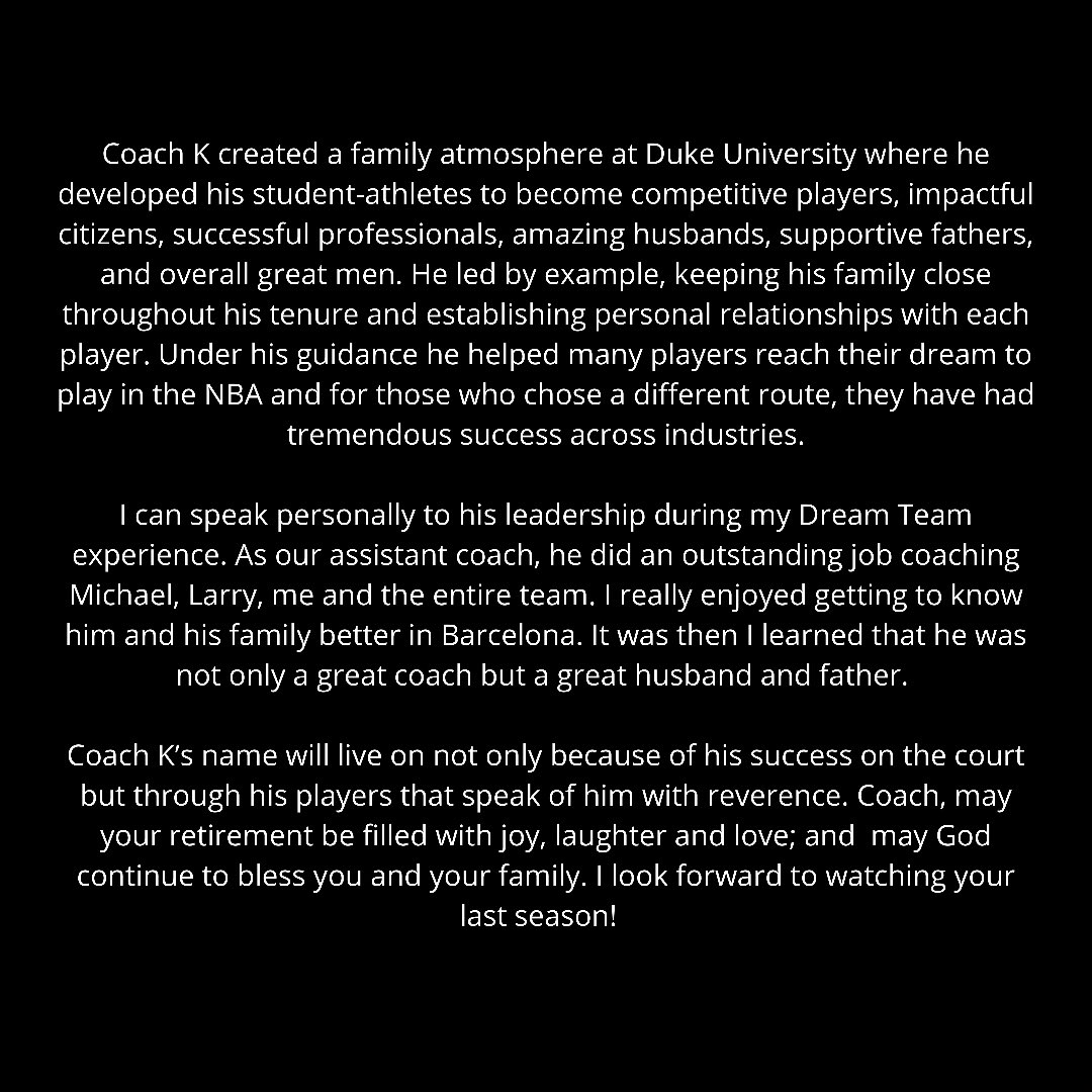 MagicJohnson's tweet image. To Coach K @DukeMBB