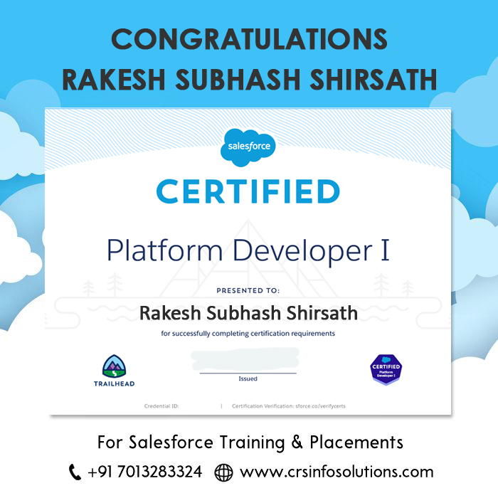 Anandtechie1102's tweet image. Hearty Congratulations to our student Rakesh Subhash Shirsath. All the very best to future endeavours. For Salesforce training and certification preparation, please enroll in our free demo class.

Phone: +91-7013283324
Website: crsinfosolutions.com
#crsinfosolutions