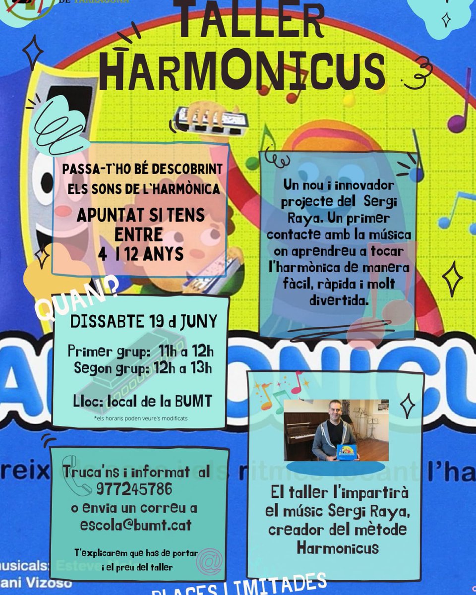 Taller d’harmònica pels més menuts el proper dissabte 19 a l’Escola Banda Unió Musical de Tarragona <a href="/Bumtarragona/">Banda Unió Musical de Tarragona</a> <a href="/RayaSergi/">Sergi Raya Vilà</a> <a href="/PlayHohner/">Hohner Music</a>