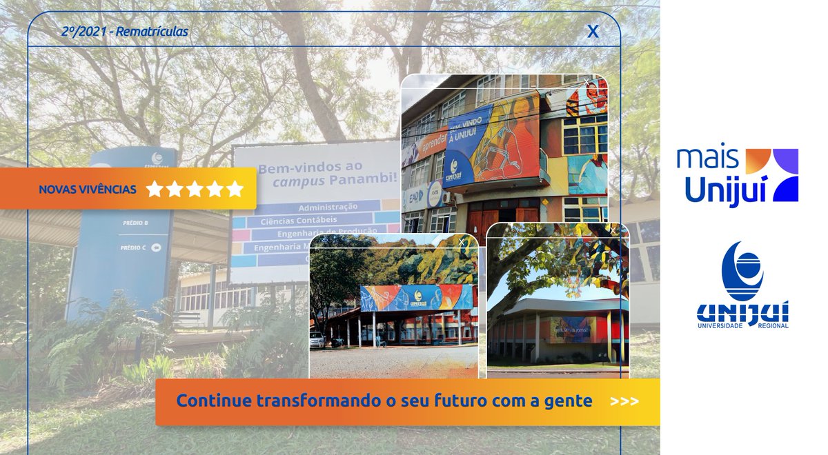 Unijui's tweet photo. Transforme ainda mais seu futuro. 💙 Estão abertas as rematrículas. O processo vai ocorrer em etapa única de 10 a 21 de junho. Fique atento e não perca o prazo. 😉
#rematricula #maisunijui #graduação #universidade #unijui https://t.co/td254HTGrn