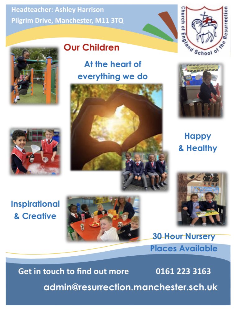 🌟Nursery Places Available🌟 Do you know parents who want their children to be happy, healthy, inspired and creative? Do they want a fantastic start to their child’s education? Contact us for more details #nursery #admissions  <a href="/mcrhealthysch/">MCR Healthy Schools</a> <a href="/ManchesterCWO/">@ManchesterCWO</a> <a href="/ResurrectionStB/">Resurrection & St B</a>