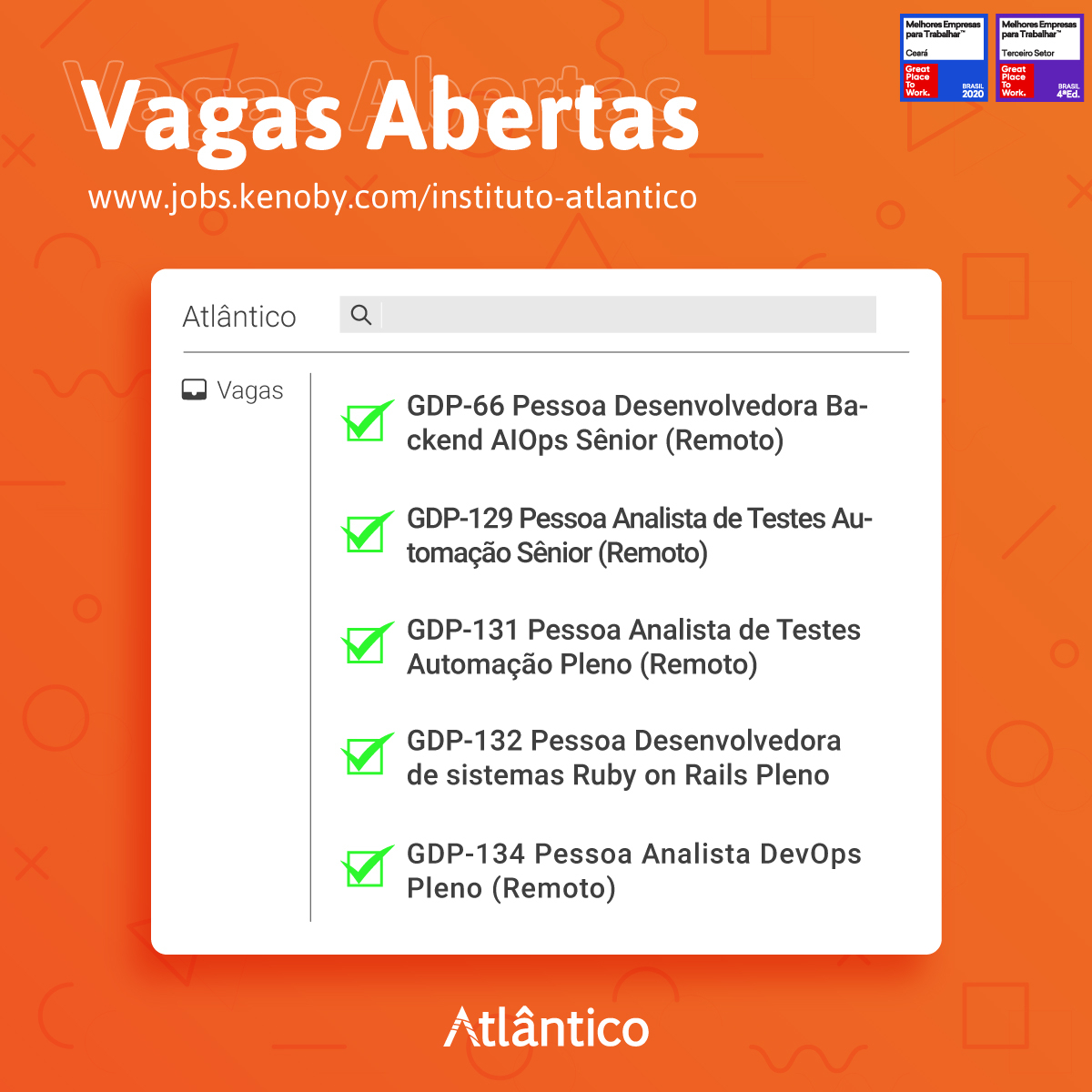 Oportunidade não falta pra quem quer fazer parte do time de talentos do Atlântico. Temos muitas vagas abertas e você pode conferir todas pelo nosso portal de carreiras: jobs.kenoby.com/instituto-atla…
⠀
#Atlântico #InstitutoAtlântico #TeamAtlantes #Tecnologia #Vagasti #Tech