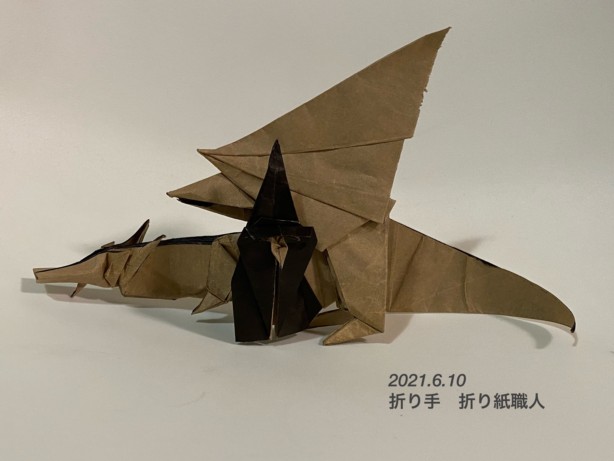 折り紙職人 北條高史さんの 魔法使いと竜 Wizard And Dragon 折り紙ドラゴンズプレミアム より Ikeaのカラークラフト包装紙50 念願の北條さんの作品完成しました 展開図折りでは難しすぎたので折り図本当にうれしい 折り紙作品 折り紙
