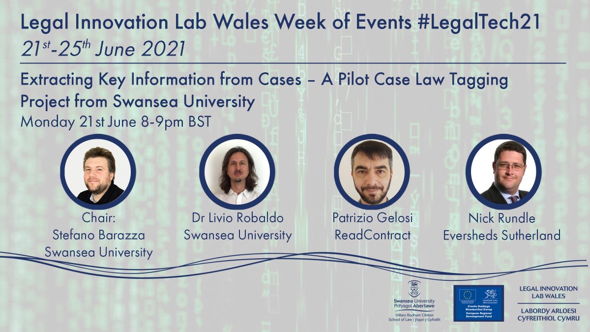wales_ilwS's tweet photo. 📢Our first is on a project led by Dr Livio Robaldo on Extracting Key Information from Cases by Tagging Case Law🔍
🕑Monday 21st June 8-9pm BST
👉Sign up here👉 https://t.co/XekyS1D37L
@Swansea_Law @CYTREC_ #TASMConf #LILW #events
👇👇👇 https://t.co/hppuIpbzOi