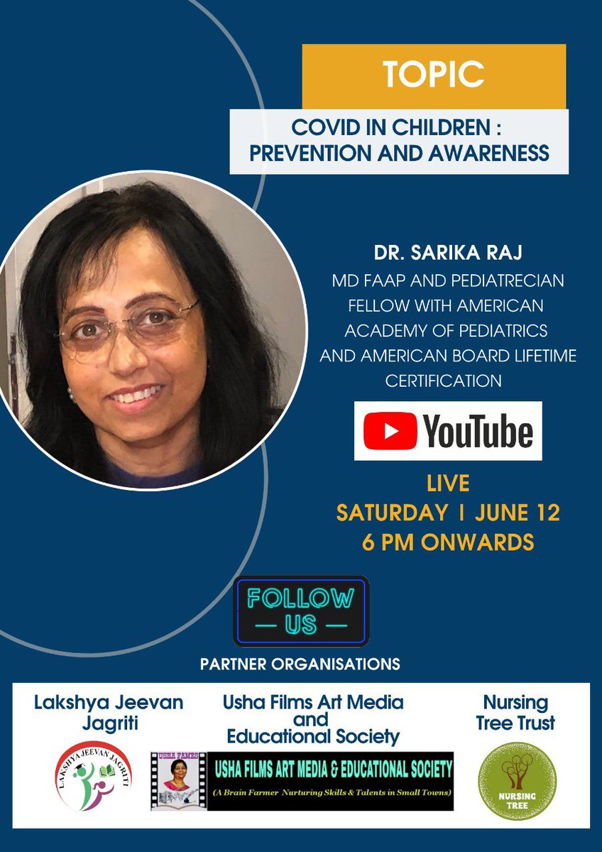 NursingTree's tweet photo. Join YouTube Live Session
With Dr Sarika Raj
*MD FAAP Pediatric and Adolescent Consultant*
Fellow with American Academy of Pediatrics and American Board Lifetime certification  
Ex-Senior consultant at Artemis and Fortis Hospitals Gurgaon
*Covid in Children : Prevention &amp; Awarens https://t.co/bImlVzAi78