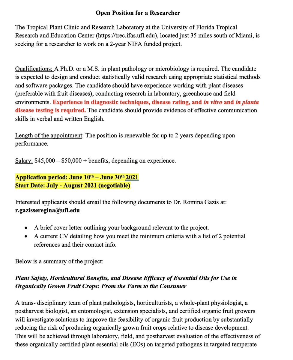 ClinicPlant's tweet image. 📢 Job Opening 
My super postdoc @thaisegreja is relocating 🥺so her position in my lab is available! M.S. or Ph.D to work on organic management of anthracnose 🥭🥑 Position needs to be filled ASAP @sd_aps @UFPlantPath @MSAFungi @UFTropical @plantpathgrads 
Please RT!