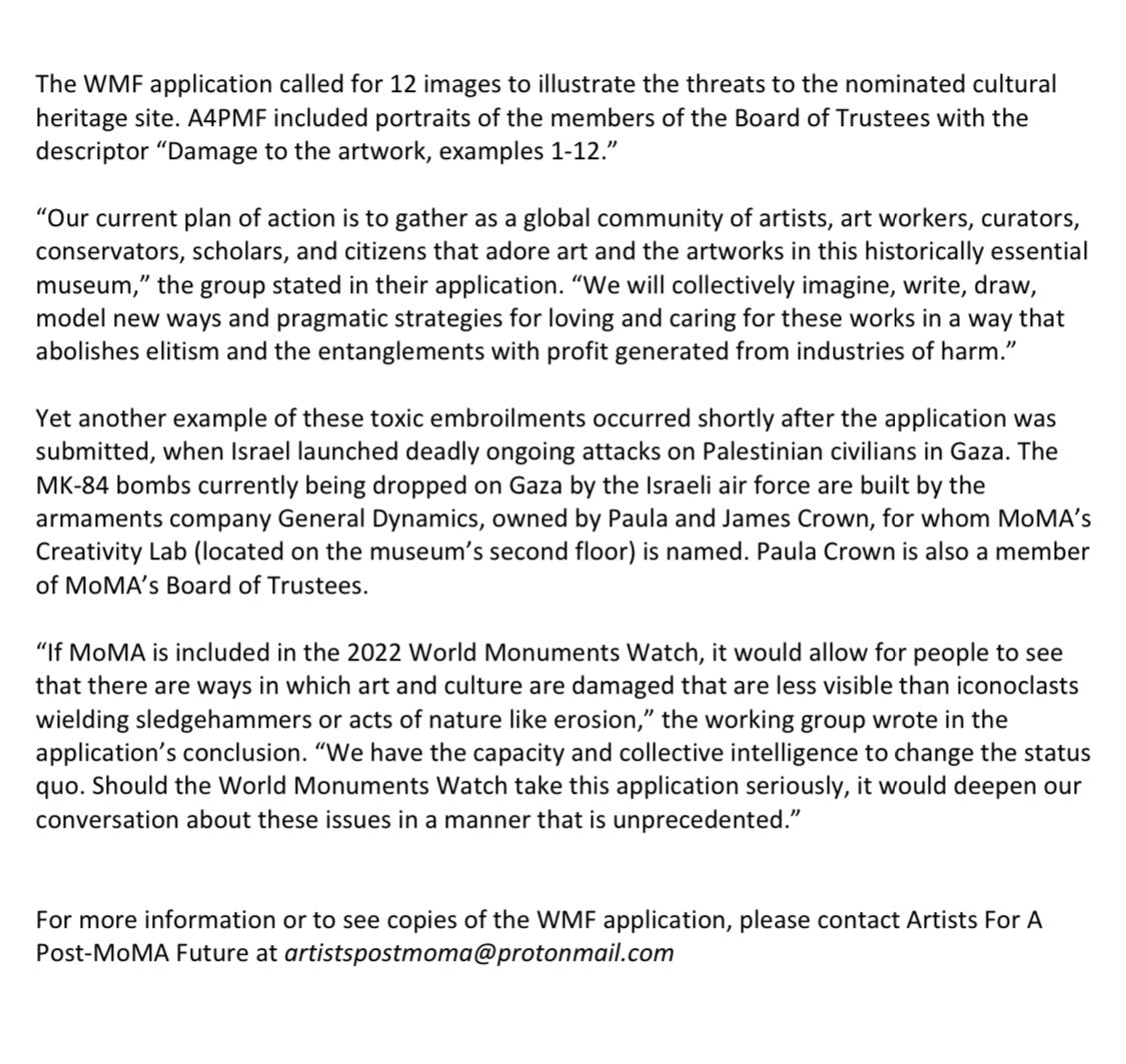 MomaDivest's tweet photo. For immediate release via Artists for a post MoMA future —  nomination of   @MuseumModernArt as an at risk cultural heritage site to @WorldMonuments Fund https://t.co/bWk0eByVpB