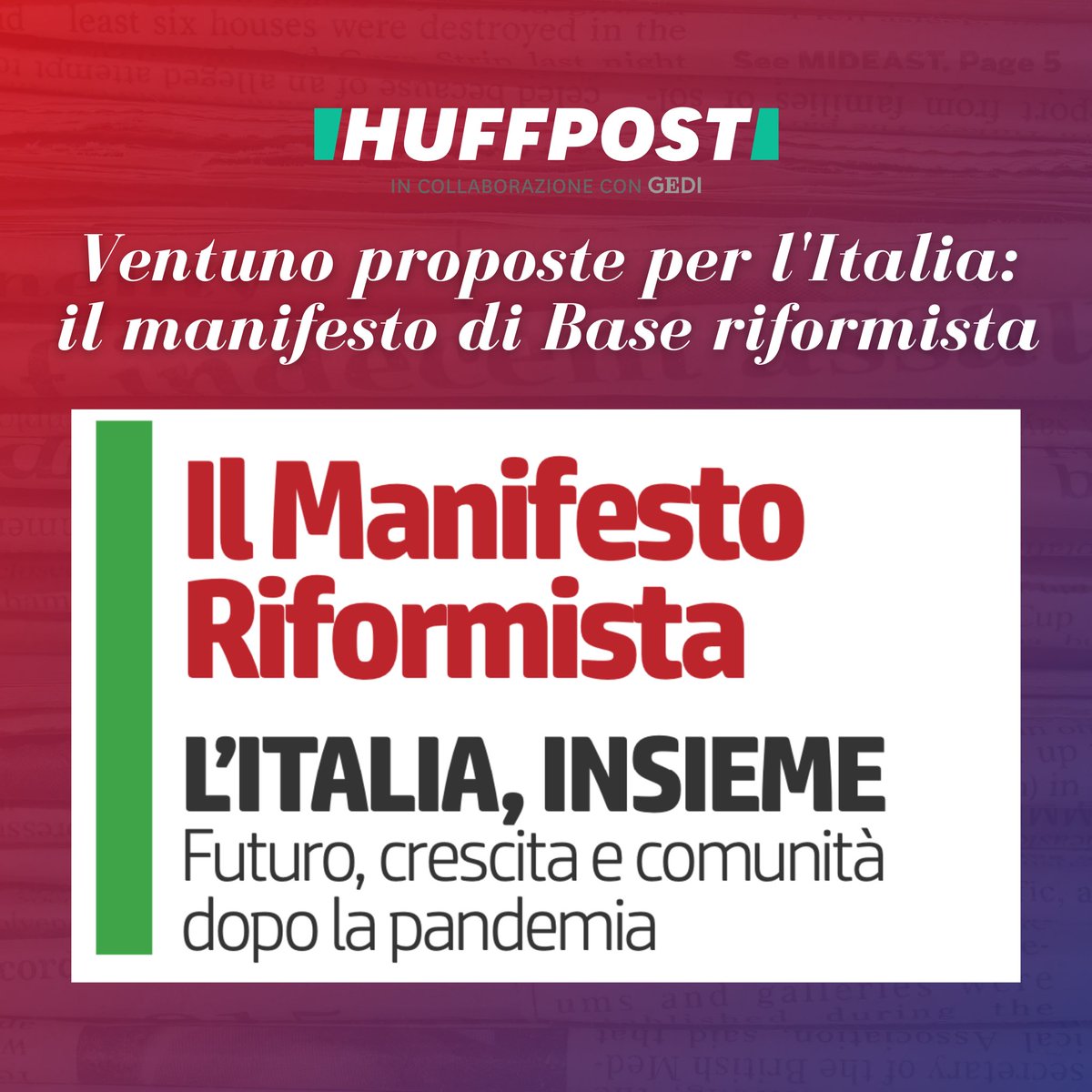 BRiformista's tweet photo. “Nel documento, che elenca i temi centrali e gli obiettivi da perseguire, si mettono nero su bianco quali saranno le sfide future per il Paese e il @pdnetwork: modernità, complessità e crescita”

Leggi il #ManifestoRiformista su @HuffPost ⤵️

https://t.co/dNG2fhXKkt https://t.co/I2boaB4z8l