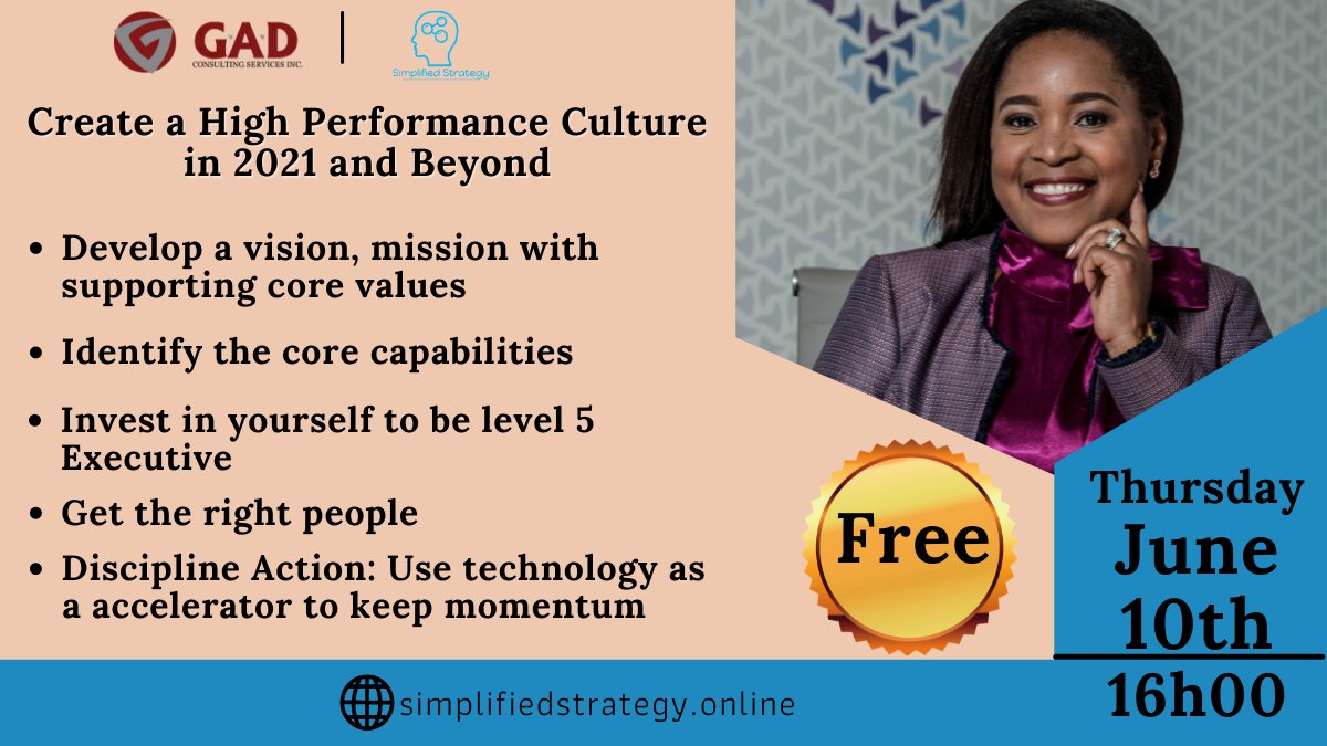 GADConsulting's tweet photo. [Webinar Reminder] We will be live in less than an hour. Join us and learn how to create a high-performance culture for your business in 2021 and Beyond. See you at 4 pm.

Date: Today | Time: 16h00 - 18h00 | Venue: Zoom (Online)

Register here:  https://t.co/ZiRKaI7Bfg https://t.co/vRb7yG4cOW