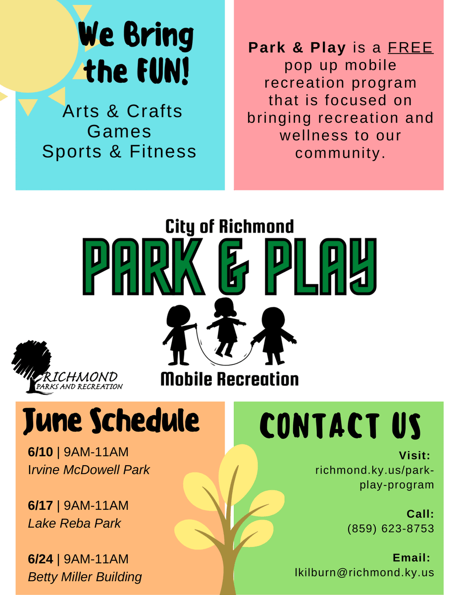 RichmondKYParks's tweet photo. Come out to Irvine-McDowell for Park and Play! Today is our first session, from 9AM - 11AM. We have so many cool and exciting activities for you! https://t.co/QXZ6zsLhFw
