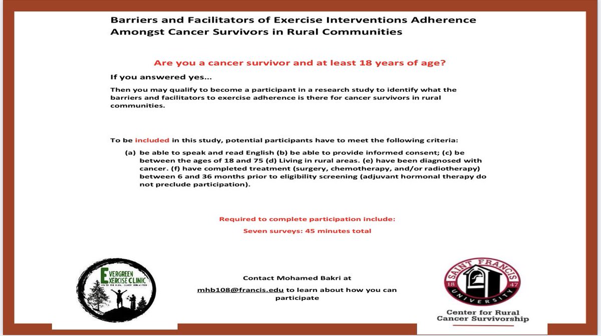 Are a cancer survivor or know of a cancer survivor who’s interested in participating in a research study to better understand the barriers &amp; facilitators of exercise interventions in the rural population? 

Learn how you or someone you know can participate below!