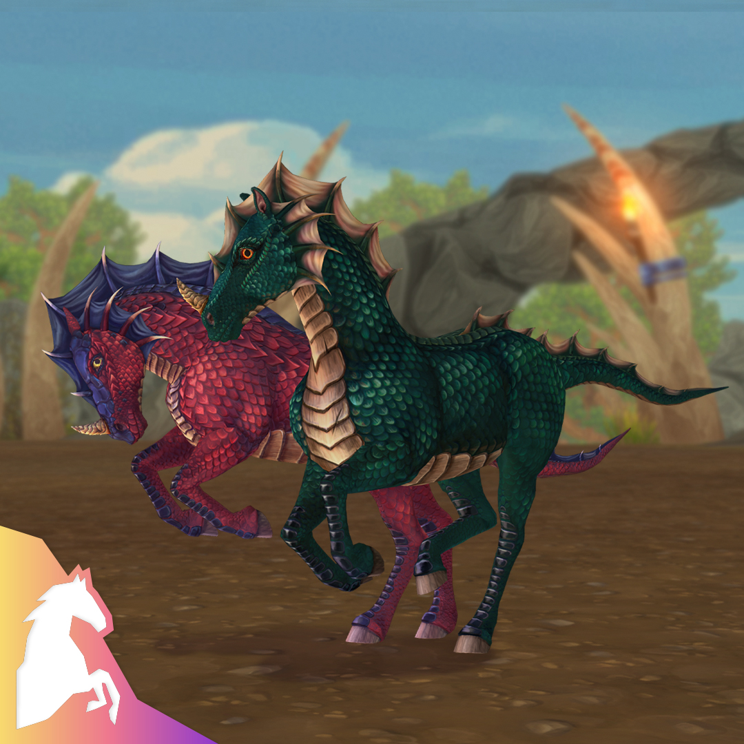 StarStable's tweet image. Meet the magical horses Faramawr 💚 and Aldrach ❤️! They will be arriving Jorvik on August 11th... so you'll have to wait to find out more about them, but here's a peek of what they will look like. 😉 First thoughts?