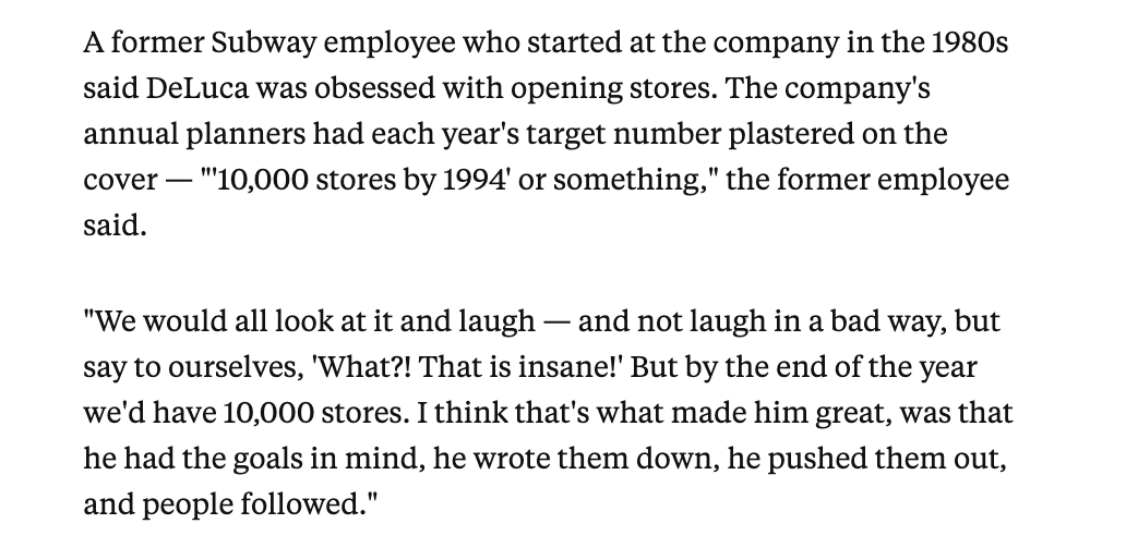 If you want to understand how Subway became the biggest fast-food chain in the world, you need to understand DeLuca  https://www.businessinsider.com/subway-founder-ceo-fred-deluca-inside-story-2021-6