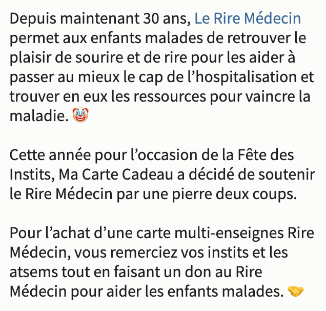C’est par ici ➡️ ow.ly/1TDm50F7b7d

#enfant #soin #rire #aide #association #life #soutien #PEDIATRIE #petiteenfance #clown #infirmiere #infirmier #instituteur #maitresse #maitre #atsem #Prof #cartecadeau #macartecadeau